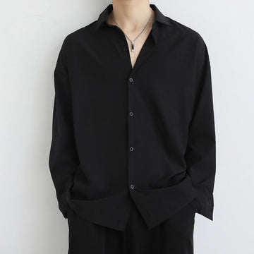 [WHOLESALE ONLY - CONTACT TO ORDER] Men's Minimalist Relaxed Fit Draped Cotton Blend Long Sleeve Button-Up Shirt (Solid Black) [AW-443]