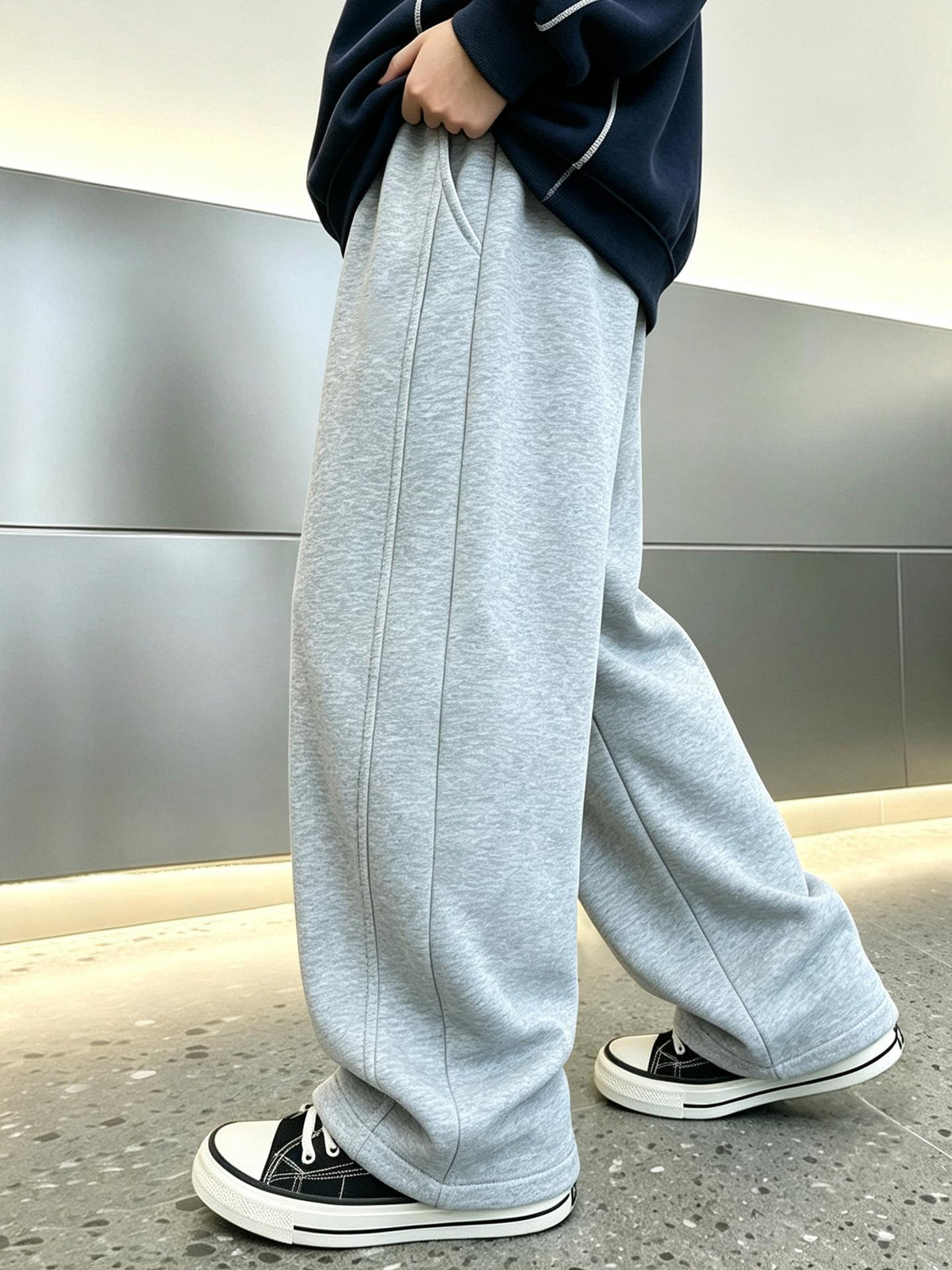 [WHOLESALE ONLY - CONTACT TO ORDER] Kids Unisex Heavyweight 75% Cotton Fleece Front Pintuck Seam Wide-Leg Sweatpants (Heather Grey) [KW-181]