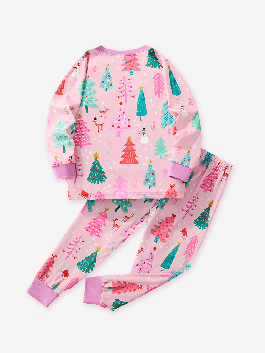 [WHOLESALE ONLY - CONTACT TO ORDER] Toddler & Girls Combed Cotton Pink Christmas Tree Winter Pajama Set (Pastel Pink/Lavender) [KW-235]