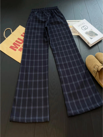 [WHOLESALE ONLY - CONTACT TO ORDER] Women's Wide-Leg Navy Plaid Fleece Trousers with Pintuck Seams & Drawstring Elastic Waist[AW-148]