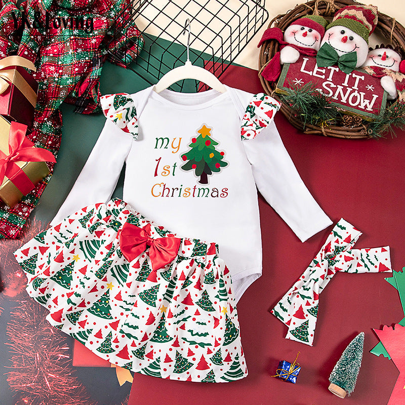 [WHOLESALE ONLY - CONTACT TO ORDER] Baby Girls 95% Combed Cotton Ruffle Long Sleeve "My 1st Christmas" Bodysuit & Christmas Tree Print Skirt 3-Piece Set with Headband (Festive White & Red) [KW-228]