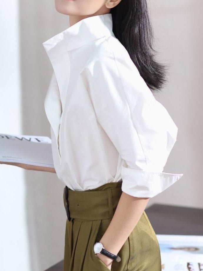[WHOLESALE ONLY - CONTACT TO ORDER] Women's 75% Combed Cotton Architectural High Stand Collar V-Neck Popover Blouse Shirt (Optic White) [AW-410]