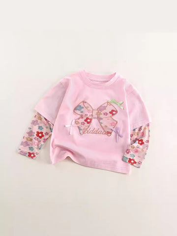 [WHOLESALE ONLY - CONTACT TO ORDER] Toddler & Girls Sweet 100% Combed Cotton Layered-Look Long Sleeve T-Shirt with 3D Ribbon Floral Bow (Pastel Pink) [KW-192]