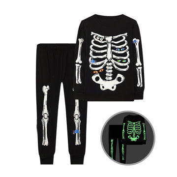 [WHOLESALE ONLY - CONTACT TO ORDER] Kids Unisex Glow-in-the-Dark Spooky Skeleton Eyes Cotton Pajama Set (Classic Black) [KW-237]