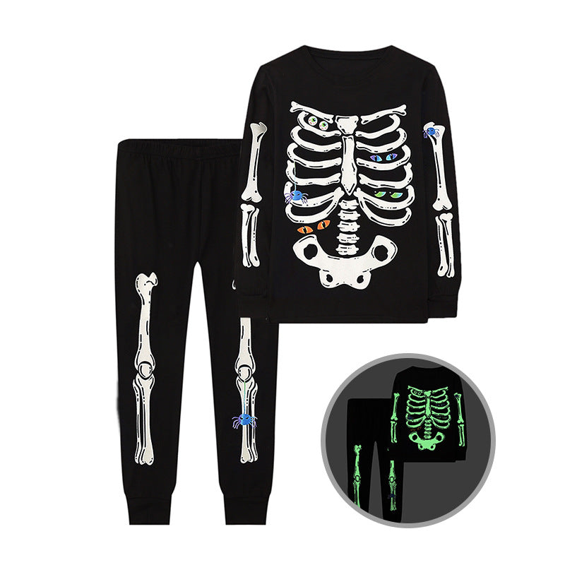 [WHOLESALE ONLY - CONTACT TO ORDER] Kids Unisex Glow-in-the-Dark Spooky Skeleton Eyes Cotton Pajama Set (Classic Black) [KW-237]