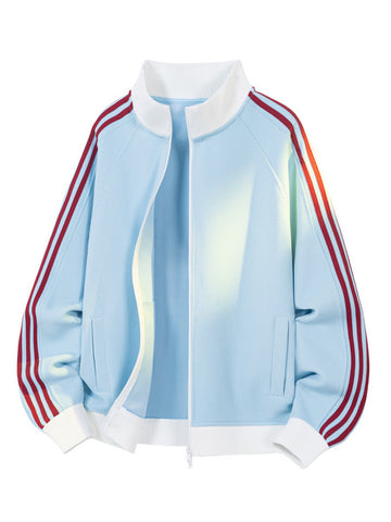 [WHOLESALE ONLY - CONTACT TO ORDER] Men's Retro Athletic Raglan Sleeve Waffle Knit Stand Collar Track Jacket (Sky Blue / Burgundy Stripes) [AW-339]