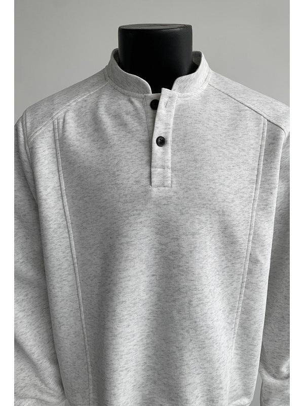 [WHOLESALE ONLY - CONTACT TO ORDER] Men's Korean Clean Fit Heavyweight Scuba Fleece Drop-Shoulder Henley Sweatshirt (Heather Grey Melange) [AW-337]