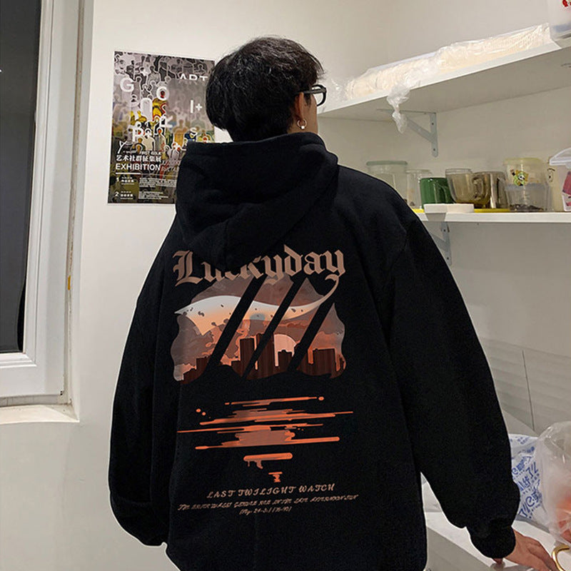 [WHOLESALE ONLY - CONTACT TO ORDER] Unisex Heavyweight Cotton Blend Twilight Skyline & Sunset Graphic Fleece Pullover Hoodie (Noir Black) [AW-528]