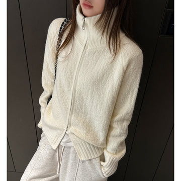 [WHOLESALE ONLY - CONTACT TO ORDER] Women's Relaxed Fit Heavyweight Soft Textured Knit Mock Neck Two-Way Zip-Up Cardigan Jacket [AW-296]