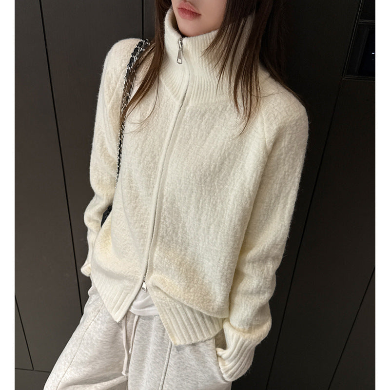[WHOLESALE ONLY - CONTACT TO ORDER] Women's Relaxed Fit Heavyweight Soft Textured Knit Mock Neck Two-Way Zip-Up Cardigan Jacket [AW-296]