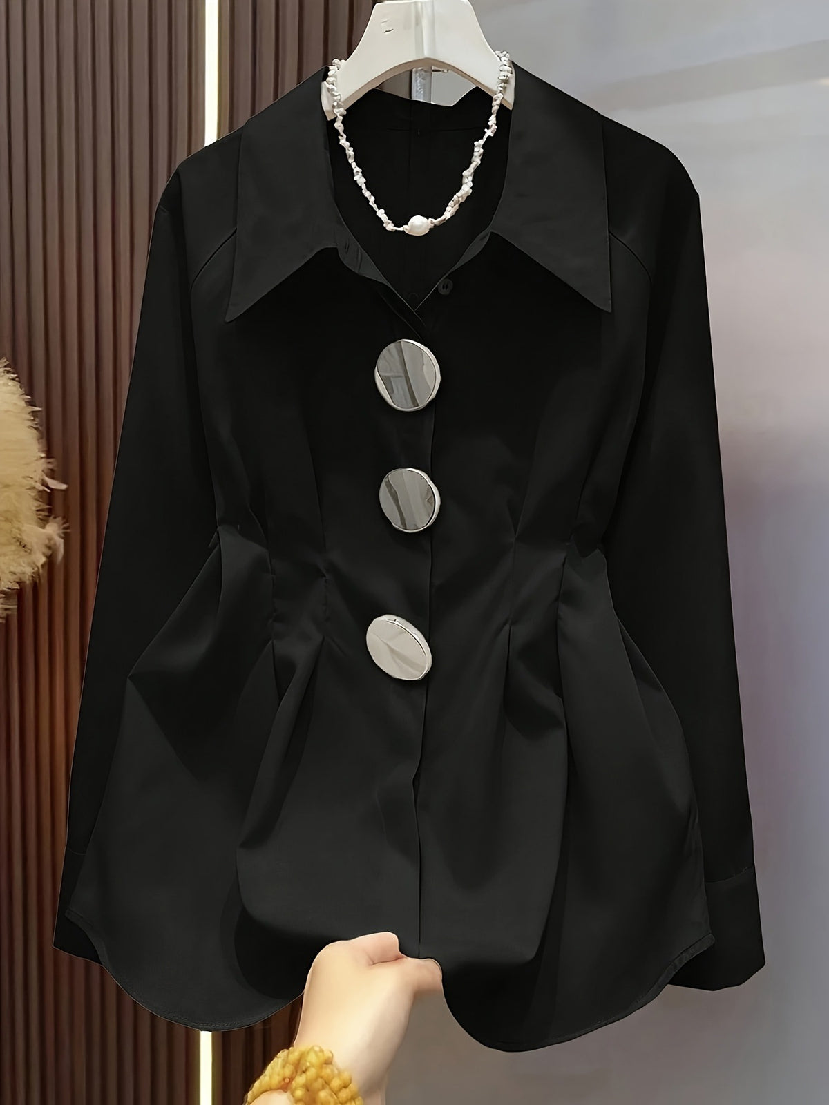 [WHOLESALE ONLY - CONTACT TO ORDER] Women's Heavyweight 75% Cotton Sculptural Big Silver Button Ruched Waist Long Sleeve Blouse (Midnight Black) [AW-355]