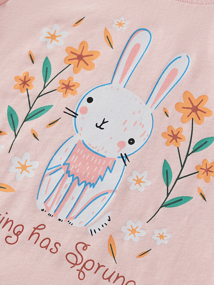 [WHOLESALE ONLY - CONTACT TO ORDER] Toddler & Girls 100% Combed Cotton Floral Bunny Long Sleeve T-Shirt (Pastel Pink) [KW-232]
