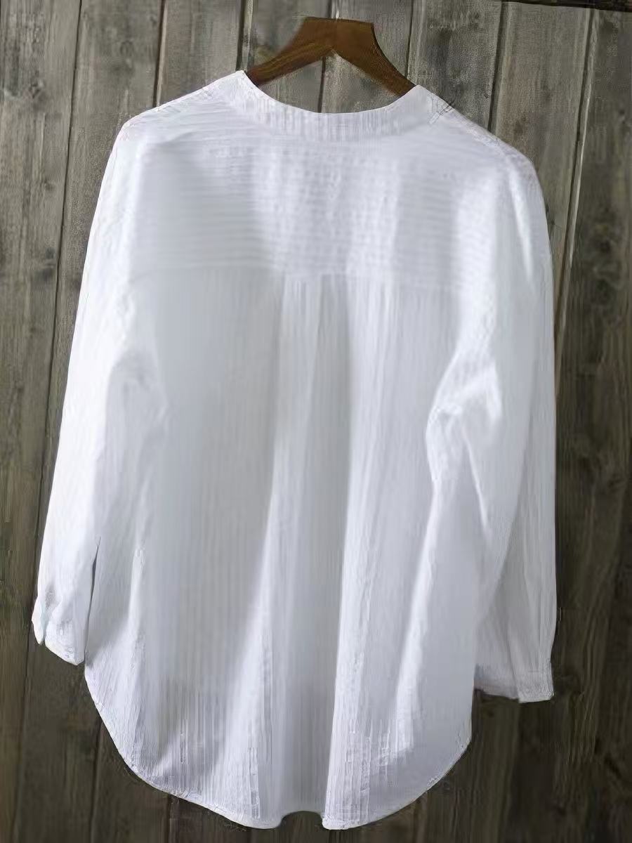 [WHOLESALE ONLY - CONTACT TO ORDER] Women's Relaxed 75% Combed Cotton Vertical Pleated Henley Blouse with Dual Pockets (Optic White) [AW-408]