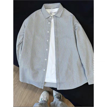[WHOLESALE ONLY - CONTACT TO ORDER] Unisex Oversized Heavyweight 100% Cotton Long Sleeve Vertical Striped Button-Up Shirt (Black & White Stripe) [AW-433]
