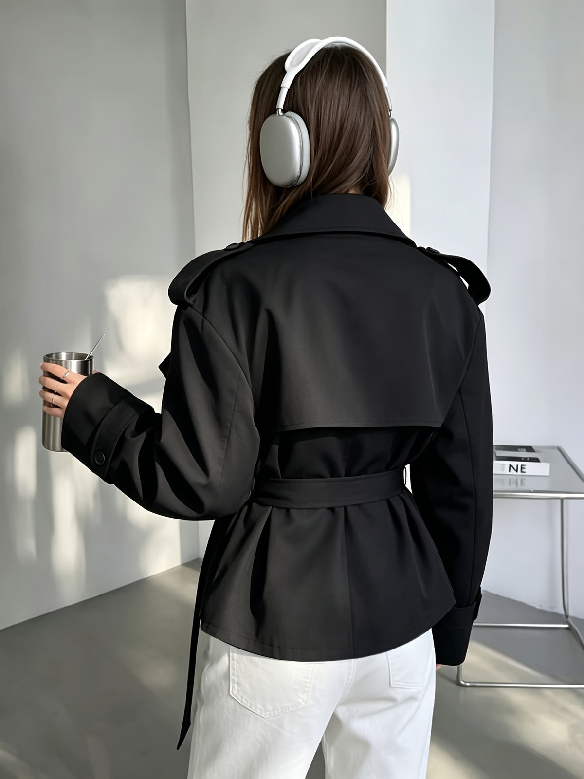[WHOLESALE ONLY - CONTACT TO ORDER] Women's Oversized Belted Cropped Trench Jacket with Storm Flap & Wide Lapel (Classic Black) [AW-395]