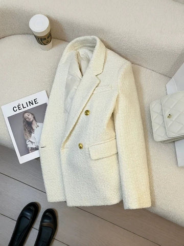 [WHOLESALE ONLY - CONTACT TO ORDER] Women's Elegant Double-Breasted Heavyweight Textured Tweed Blazer Jacket with Gold Buttons (Cream White) [AW-393]