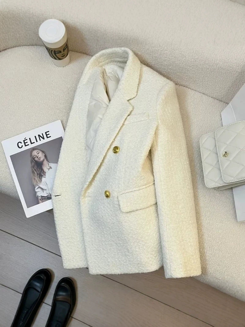 [WHOLESALE ONLY - CONTACT TO ORDER] Women's Elegant Double-Breasted Heavyweight Textured Tweed Blazer Jacket with Gold Buttons (Cream White) [AW-393]