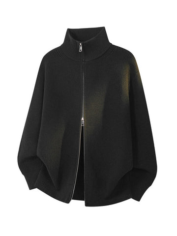 [WHOLESALE ONLY - CONTACT TO ORDER] Men's Korean Clean Fit Heavyweight Chunky Ribbed Knit Two-Way Double-Zipper High Stand Collar Cardigan Sweater (Obsidian Black) [AW-336]