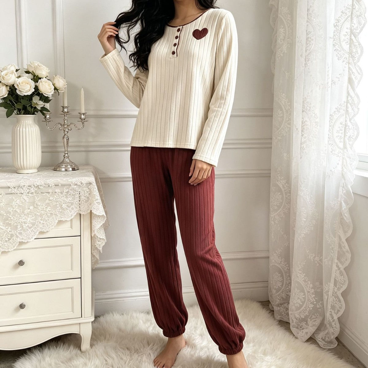 [WHOLESALE ONLY - CONTACT TO ORDER] Women's Ribbed Knit Long Sleeve Henley Top & Jogger Pants 2-Piece Pajama Set with Heart Patch (Cream White / Wine Red) [AW-351]
