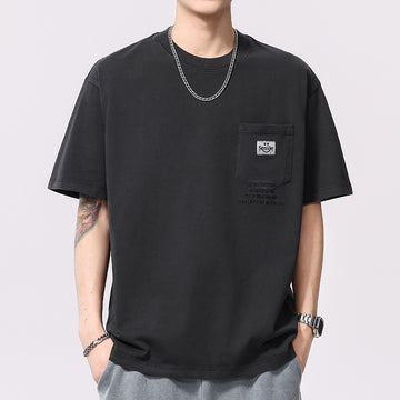 [WHOLESALE ONLY - CONTACT TO ORDER] Men's Heavyweight 100% Combed Cotton Vintage Washed Graphic Pocket Crewneck T-Shirt (Washed Charcoal Black) [AW-415]