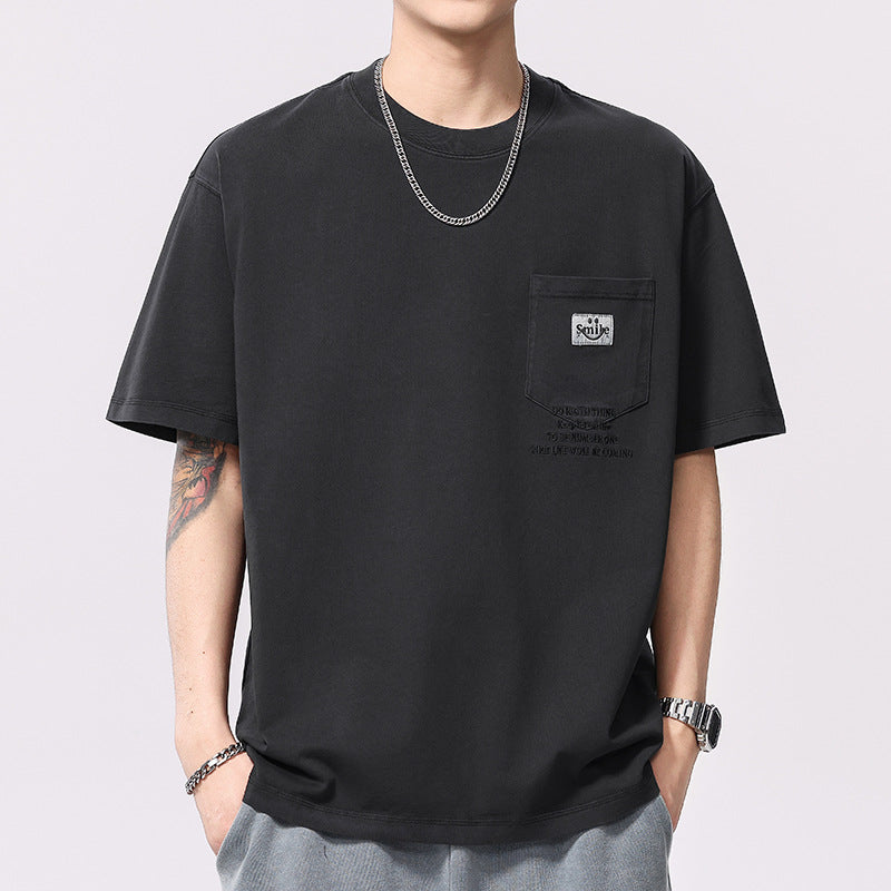 [WHOLESALE ONLY - CONTACT TO ORDER] Men's Heavyweight 100% Combed Cotton Vintage Washed Graphic Pocket Crewneck T-Shirt (Washed Charcoal Black) [AW-415]