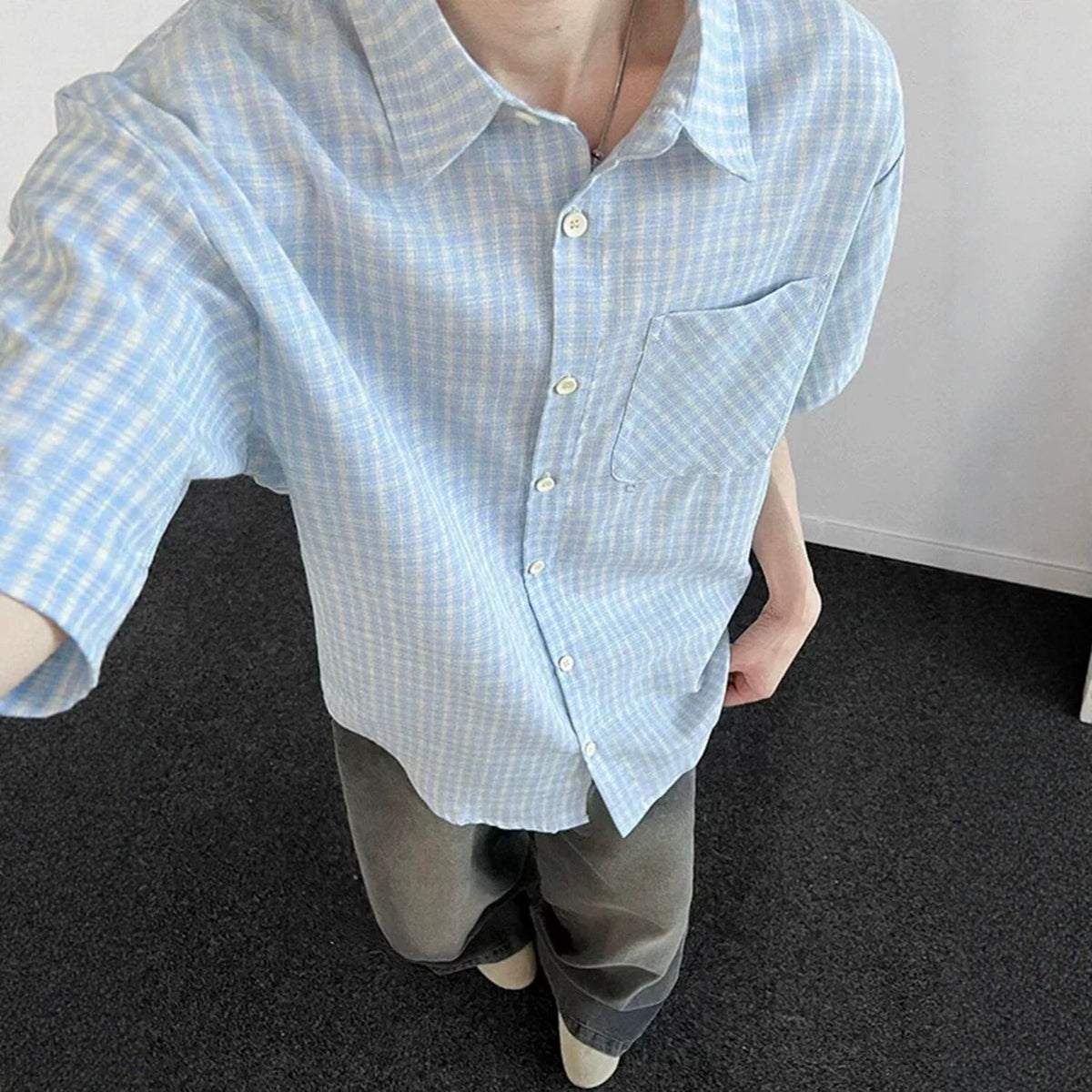 [WHOLESALE ONLY - CONTACT TO ORDER] Men's Relaxed Fit Cotton Linen Short Sleeve Plaid Button-Up Shirt with Chest Pocket (Sky Blue Plaid) [AW-444]