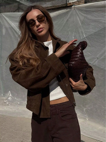 [WHOLESALE ONLY - CONTACT TO ORDER] Women's Cropped Heavyweight Cotton Blend Faux Suede Stand Collar Bomber Jacket with Flap Pockets (Chocolate Brown) [AW-447]