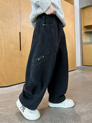 [WHOLESALE ONLY - CONTACT TO ORDER] Kids Unisex Relaxed Fit 85% Cotton Washed Black Denim Wide-Leg Baggy Jeans with Curved Seam Cargo Pockets [KW-179]