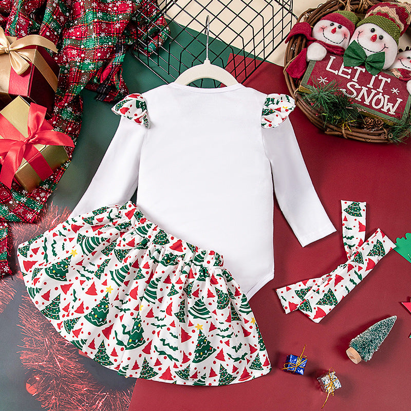 [WHOLESALE ONLY - CONTACT TO ORDER] Baby Girls 95% Combed Cotton Ruffle Long Sleeve "My 1st Christmas" Bodysuit & Christmas Tree Print Skirt 3-Piece Set with Headband (Festive White & Red) [KW-228]