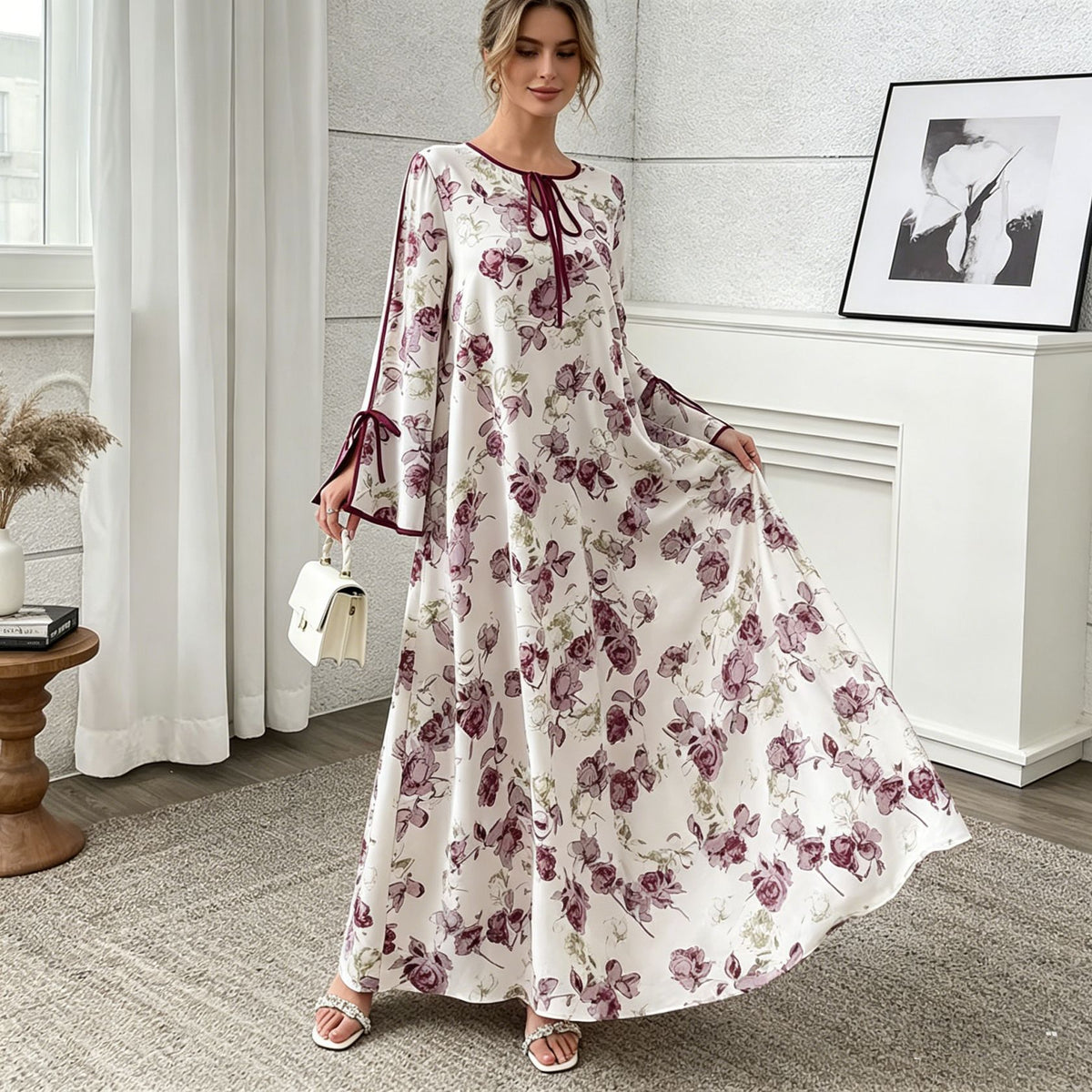 [WHOLESALE ONLY - CONTACT TO ORDER] Women's Modest Flowy Floral Print Split Bell Sleeve Tie-Neck Kaftan Maxi Dress (Mauve Rose Floral) [AW-402]