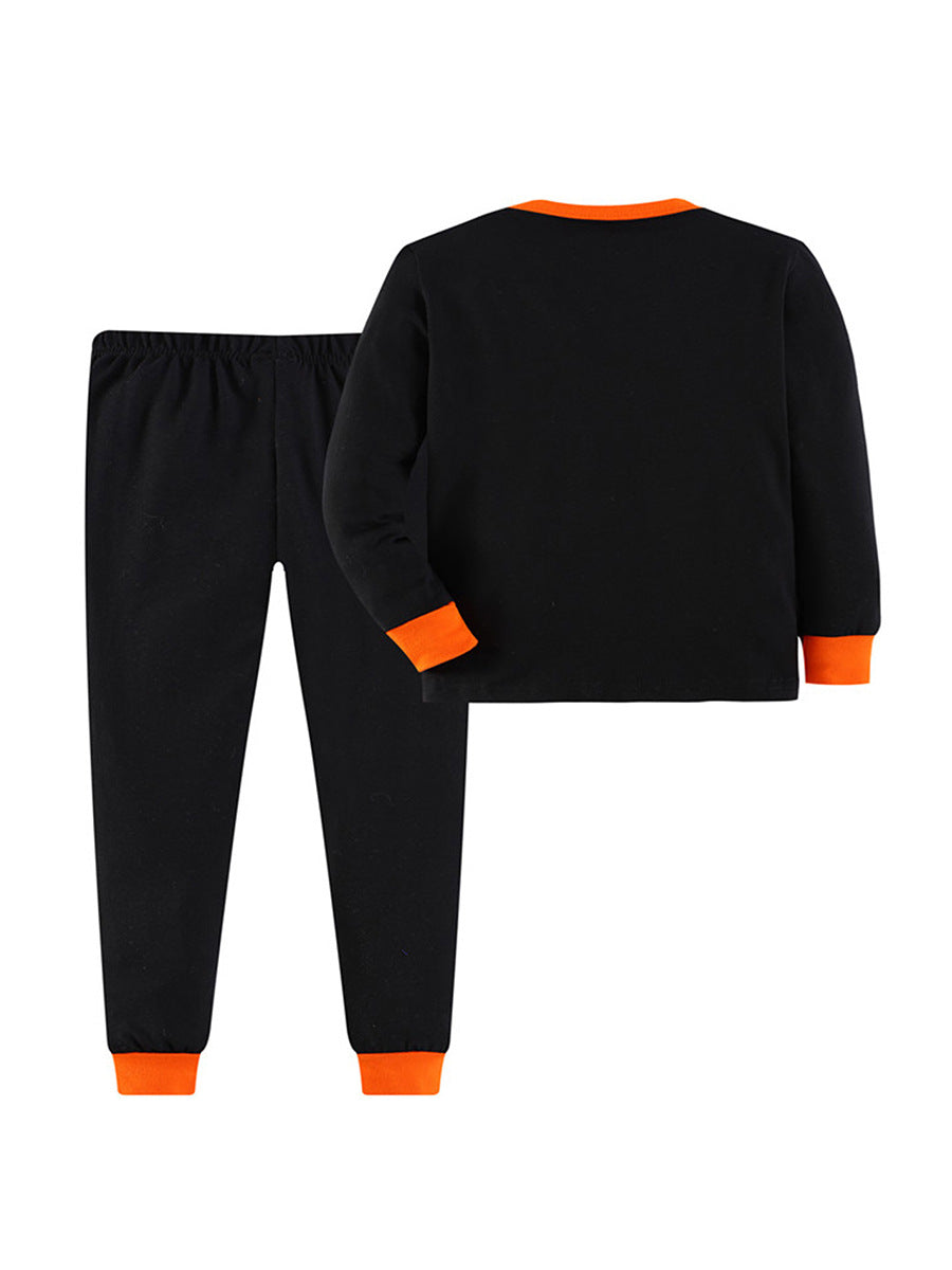 [WHOLESALE ONLY - CONTACT TO ORDER] Kids Unisex Glow-in-the-Dark Skeleton Halloween Cotton Long Sleeve Pajama Set (Black/Orange) [KW-231]