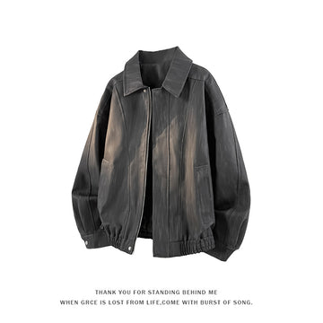 [WHOLESALE ONLY - CONTACT TO ORDER] Unisex Relaxed Fit Distressed Washed Faux Leather Zip-Up Harrington Jacket with Panel Seams (Charcoal Black) [AW-280]
