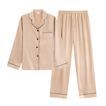 [WHOLESALE ONLY - CONTACT TO ORDER] Women's Classic Silky Satin Long Sleeve Pajama 2-Piece Set with Contrast Piping (Champagne Gold) [AW-310]