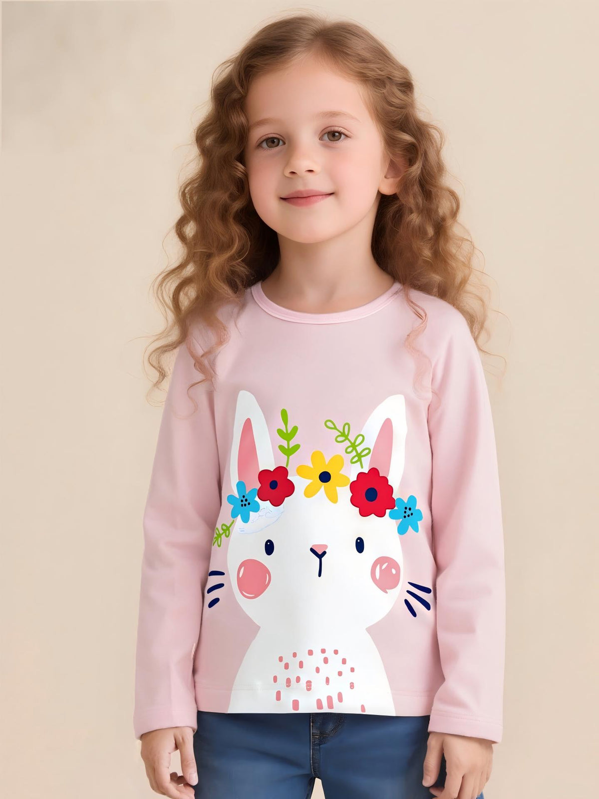[WHOLESALE ONLY - CONTACT TO ORDER] Toddler & Girls 100% Combed Cotton Floral Crown Bunny Long Sleeve T-Shirt (Pastel Pink) [KW-233]