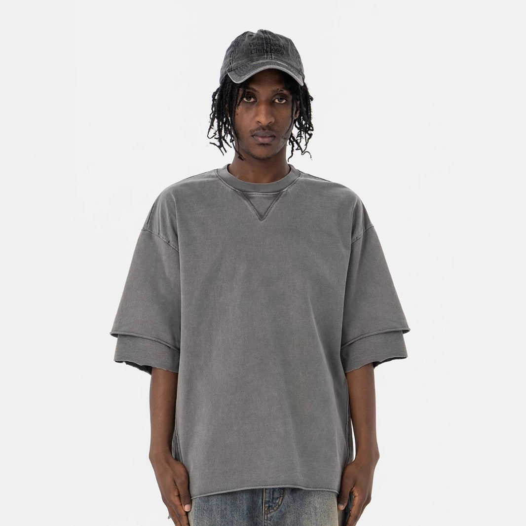 Men’s Vintage Washed T-Shirt – Distressed Finish Irregular Hem Summer Tee[NA-004]