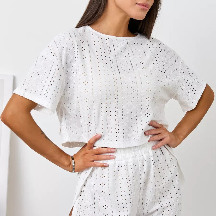 [WHOLESALE ONLY - CONTACT TO ORDER] Women's Bohemian 100% Cotton Eyelet Lace Embroidery Short Sleeve Top & Shorts 2-Piece Lounge Set (Optical White) [AW-309]