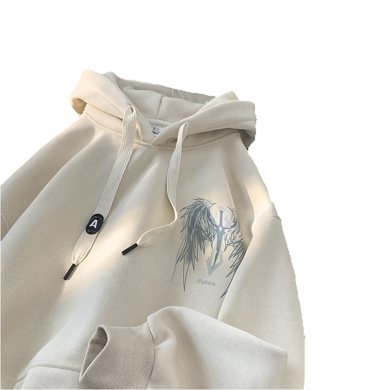 [WHOLESALE ONLY - CONTACT TO ORDER] Unisex Heavyweight Cotton Blend Y2K Angel Wings & Sword Graphic Fleece Pullover Hoodie (Cream Apricot) [AW-524]