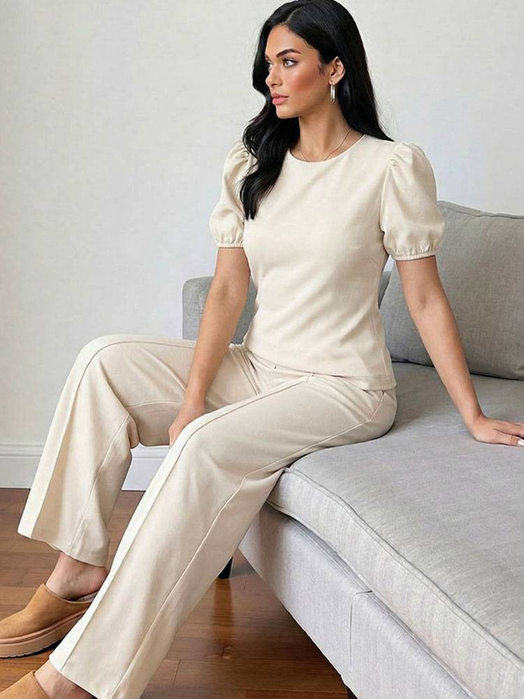 [WHOLESALE ONLY - CONTACT TO ORDER] Women's Cotton Blend Elegant Puff Sleeve Top and Pintuck Wide-Leg Pants Two-Piece Set (Cream Ivory) [AW-473]