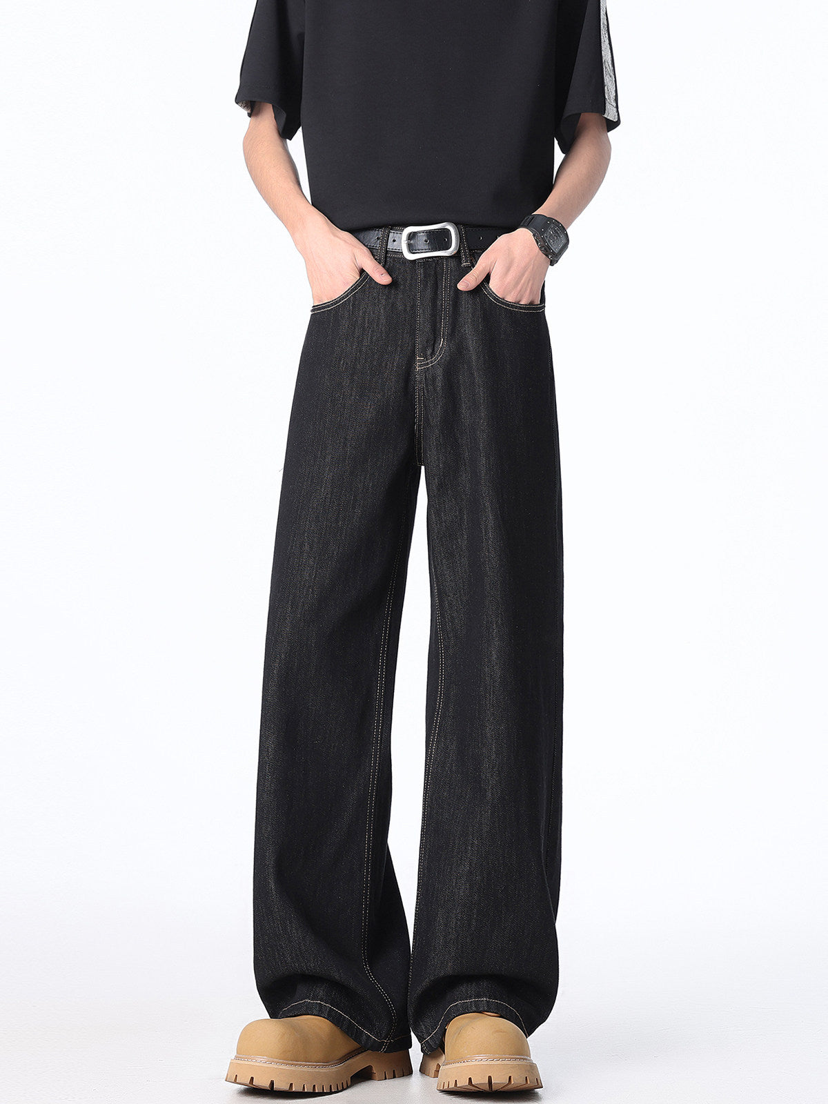 [WHOLESALE ONLY - CONTACT TO ORDER] Men's Heavyweight 100% Cotton Loose Fit Straight Wide-Leg Puddle Jeans (Washed Black) [AW-477]