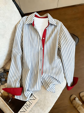 [WHOLESALE ONLY - CONTACT TO ORDER] Women's French Chic Oversized 100% Cotton Striped Poplin Shirt with Contrast Red Collar & Cuffs (Blue & White Stripe) [AW-319]