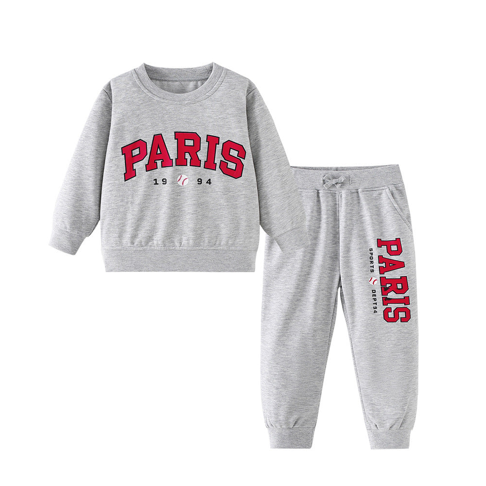 [WHOLESALE ONLY - CONTACT TO ORDER] Kids Unisex Cotton French Terry Paris Varsity Baseball Sweatsuit Set (Heather Grey) [KW-245]
