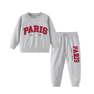 [WHOLESALE ONLY - CONTACT TO ORDER] Kids Unisex Cotton French Terry Paris Varsity Baseball Sweatsuit Set (Heather Grey) [KW-245]