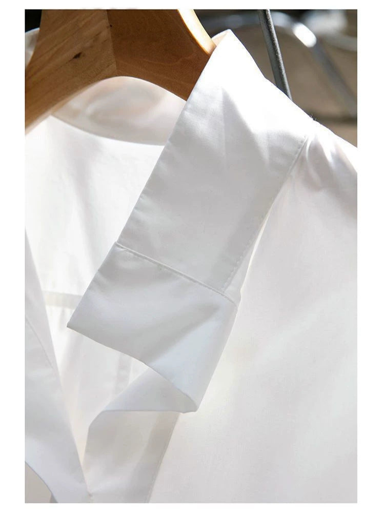 [WHOLESALE ONLY - CONTACT TO ORDER] Women's 75% Combed Cotton Architectural High Stand Collar V-Neck Popover Blouse Shirt (Optic White) [AW-410]