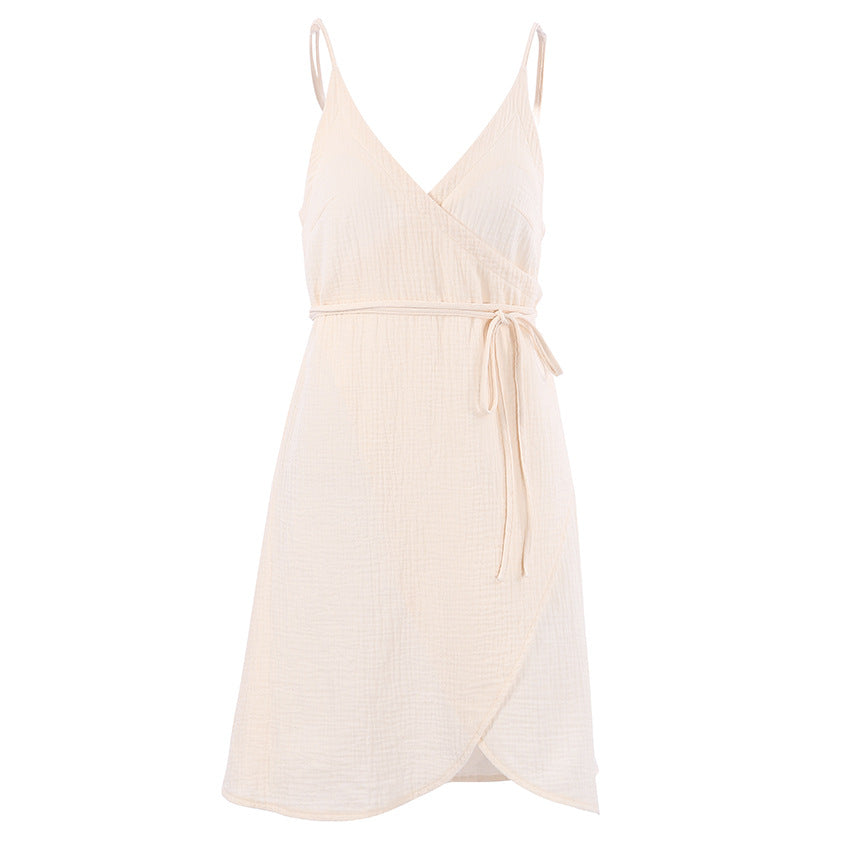 [WHOLESALE ONLY - CONTACT TO ORDER] Women's Cotton Blend Double-Gauze Wrap Spaghetti Strap Midi Nightdress (Oatmeal Cream) [AW-560]