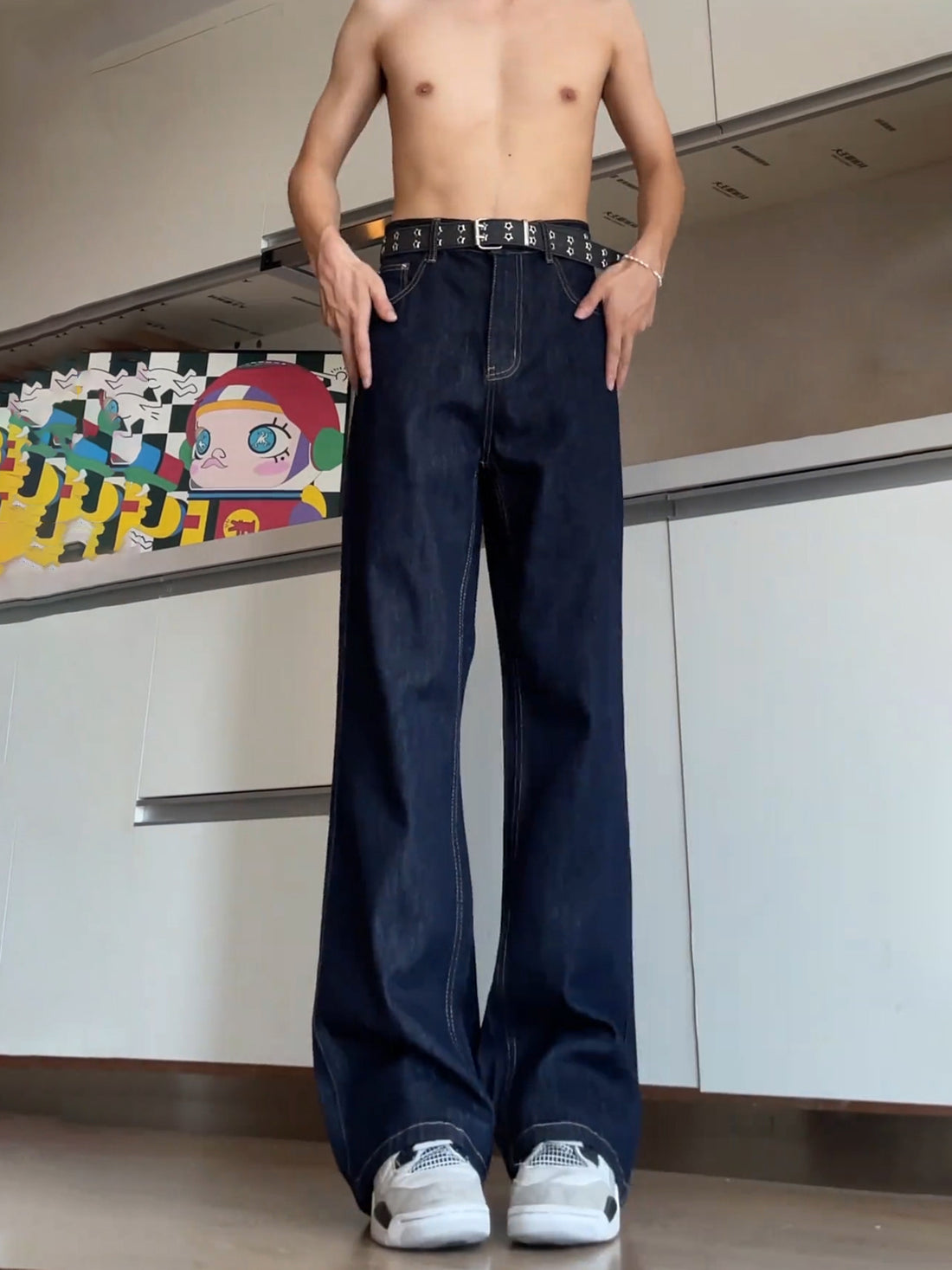 [WHOLESALE ONLY - CONTACT TO ORDER] Men's Heavyweight 100% Cotton Loose Fit Raw Indigo Wide-Leg Bootcut Flare Jeans (Dark Blue) [AW-474]