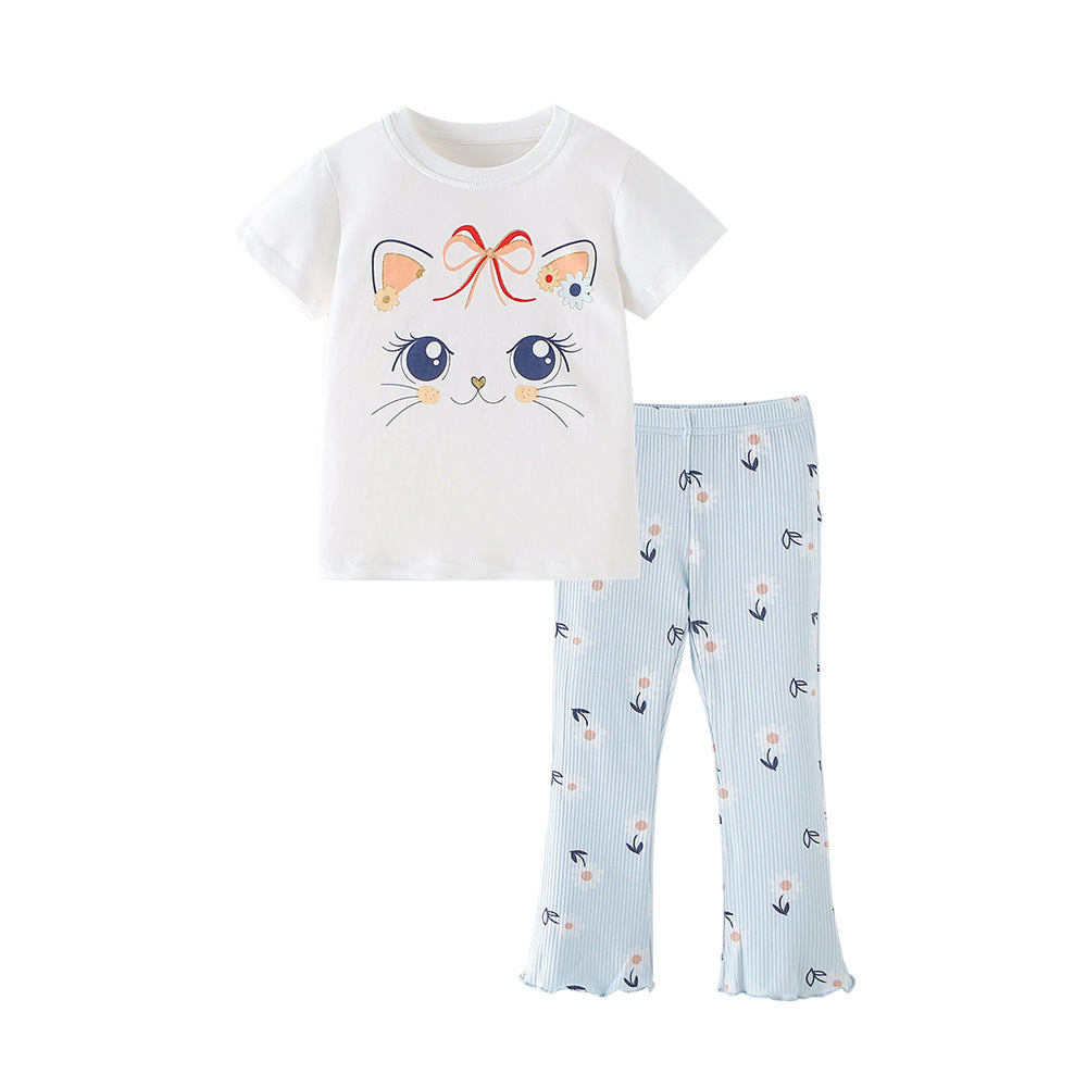 [WHOLESALE ONLY - CONTACT TO ORDER] Toddler & Girls Combed Cotton Cat Face T-Shirt & Daisy Ribbed Flare Pants 2-Piece Set (White/Light Blue) [KW-249]