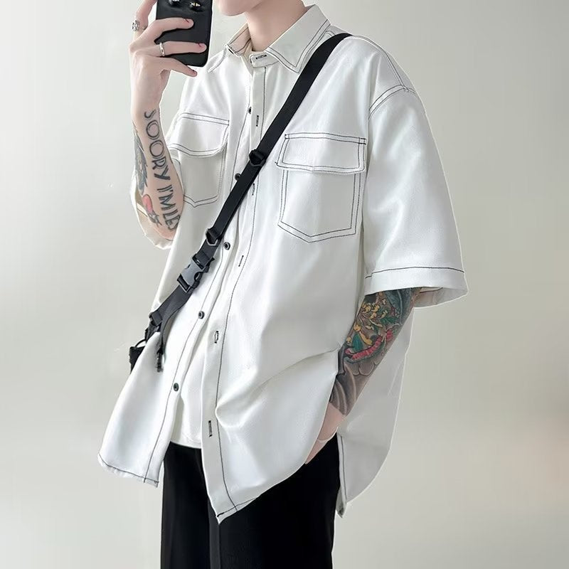 [WHOLESALE ONLY - CONTACT TO ORDER] Men's Oversized Heavyweight 100% Cotton Short Sleeve Utility Workwear Shirt with Dual Flap Pockets and Contrast Stitching (White) [AW-442]