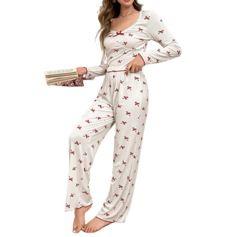 [WHOLESALE ONLY - CONTACT TO ORDER] Women's Coquette Aesthetic Ribbed Cotton Blend Red Bow Print Lace Trim Long Sleeve Pajama Set (Off-White) [AW-311]