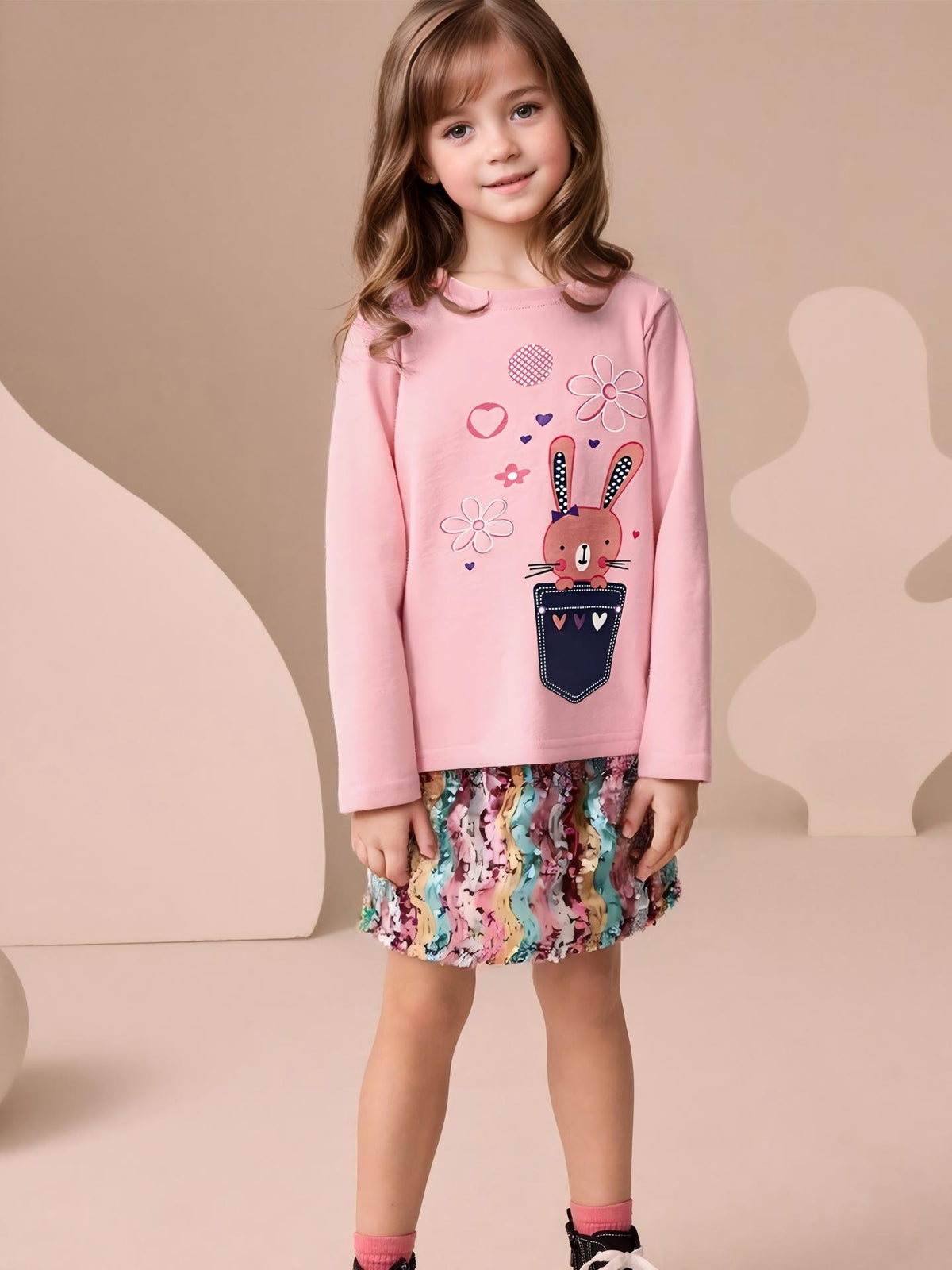 [WHOLESALE ONLY - CONTACT TO ORDER] Toddler & Girls 100% Combed Cotton Pocket Bunny Floral Long Sleeve T-Shirt (Pastel Pink) [KW-241]
