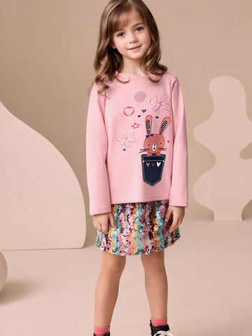 [WHOLESALE ONLY - CONTACT TO ORDER] Toddler & Girls 100% Combed Cotton Pocket Bunny Floral Long Sleeve T-Shirt (Pastel Pink) [KW-241]